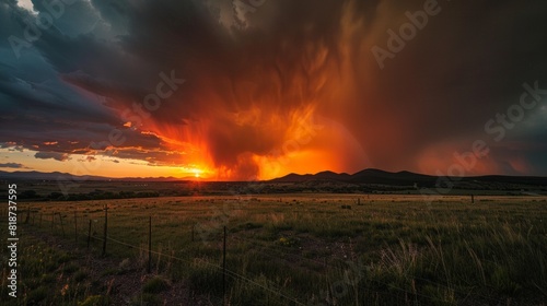 A dramatic sunset interrupted by a looming storm  with dark clouds encroaching on the vibrant colors of the setting sun  casting an ominous shadow over the landscape