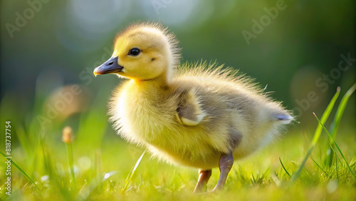 An adorable close-up of a fluffy yellow gosling waddling on a grassy field, embodying the innocence of youth photo