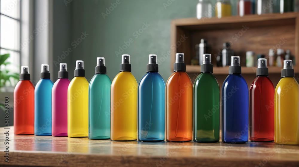 Several colorful liquid containers standing on a table, Generative AI.
Several colorful liquid containers standing on a table, Generative AI.