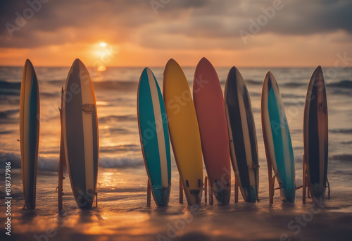A set of surfboards resting against the vibrant sunset over the ocean  © abu