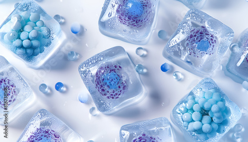 Cryopreservation of genetic material. Ovum and sperm cells in ice cubes on white background photo