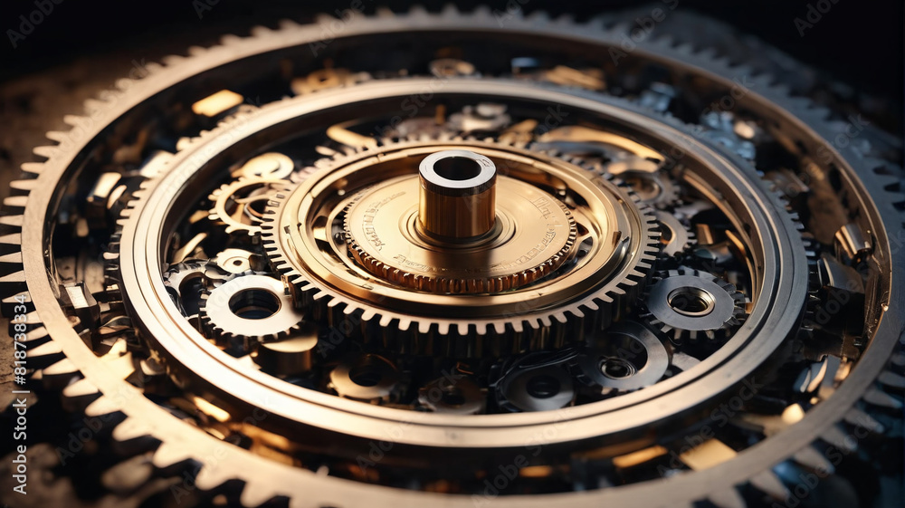 Golden gears stacked on top of each other, perfect for a watchmaker, Generative AI.

