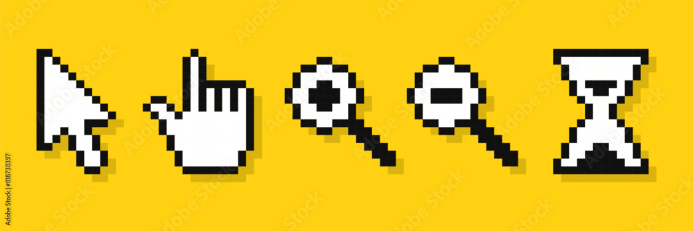 Fototapeta premium Set of pixel cursor pointers, 8-bit computer mouse. Arrows, hand click pointers, magnifier and hourglass.