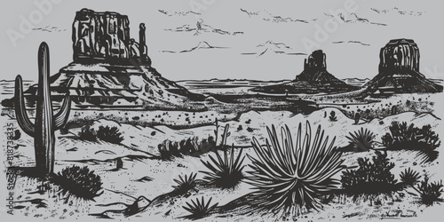 Vintage retro old engraving sketch draw paint of nature outdoor american mexican desert western wild west landscape scene