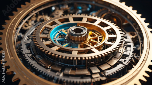 Golden gears stacked on top of each other, perfect for a watchmaker, Generative AI.