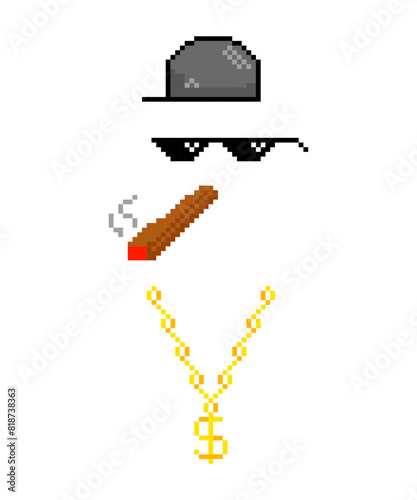 Funny pixelated boss sunglasses, Thug life of street, Hip hop baseball cap, smoking jamb, sunglasses, gold chain.