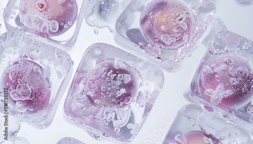 Cryopreservation of genetic material. Ovum and sperm cells in ice cubes on white background photo