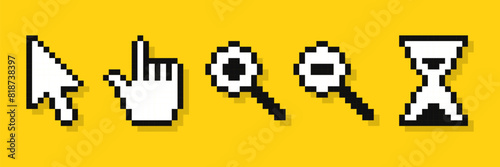 Set of pixel cursor pointers, 8-bit computer mouse. Arrows, hand click pointers, magnifier and hourglass.