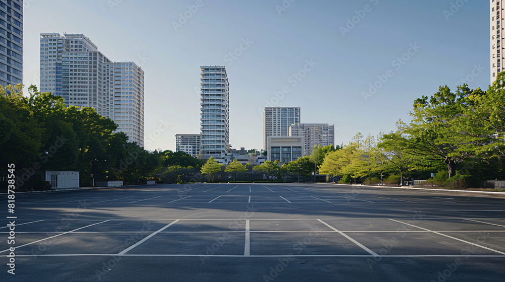 a parking lot with trees and buildings in the background