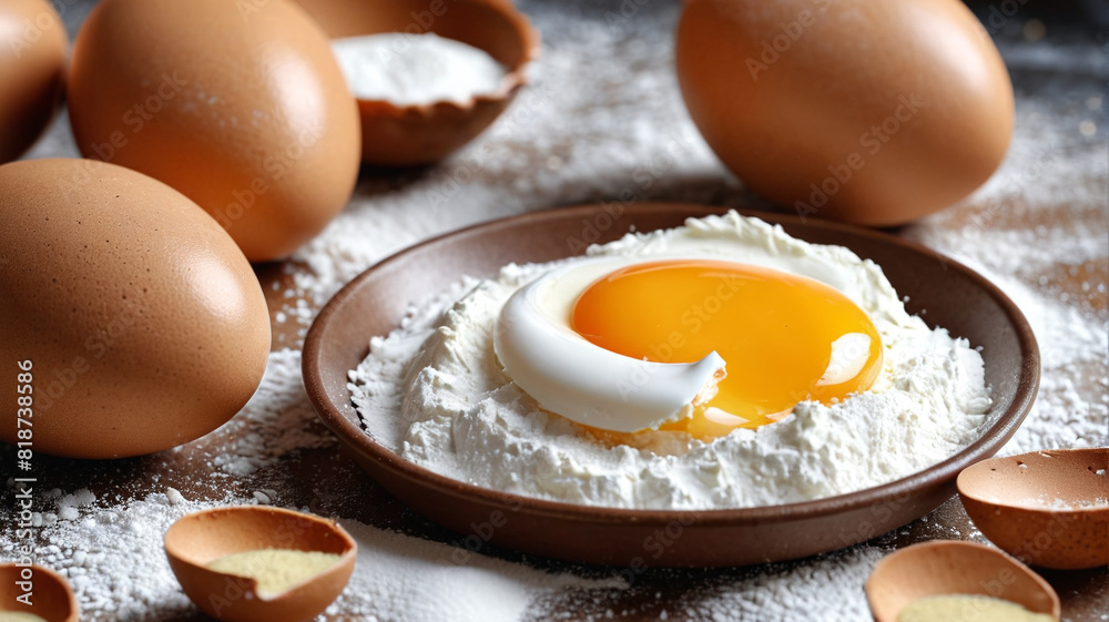 Preparation for baking a cake with eggs cracked into flour, Generative AI.
Preparation for baking a cake with eggs cracked into flour, Generative AI.