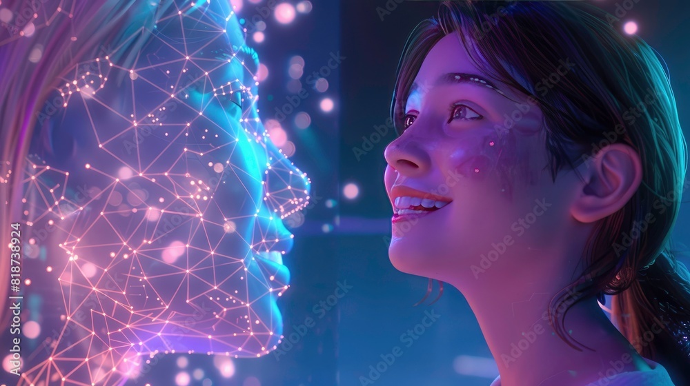 Happy young woman standing next to her metaverse avatar Happy young woman standing next to her metaverse avatar