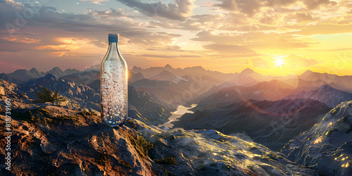 bottle of mineral water stands upright on several small rocks placed in a tranquil stream with majestic mountain background.  photo