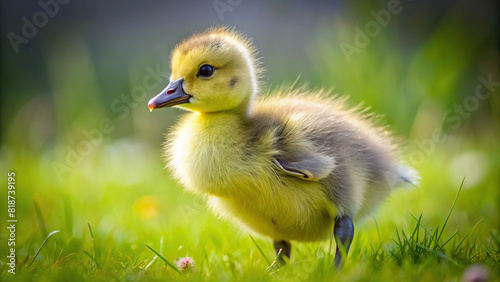 An adorable close-up of a fluffy yellow gosling waddling on a grassy field, embodying the innocence of youth photo