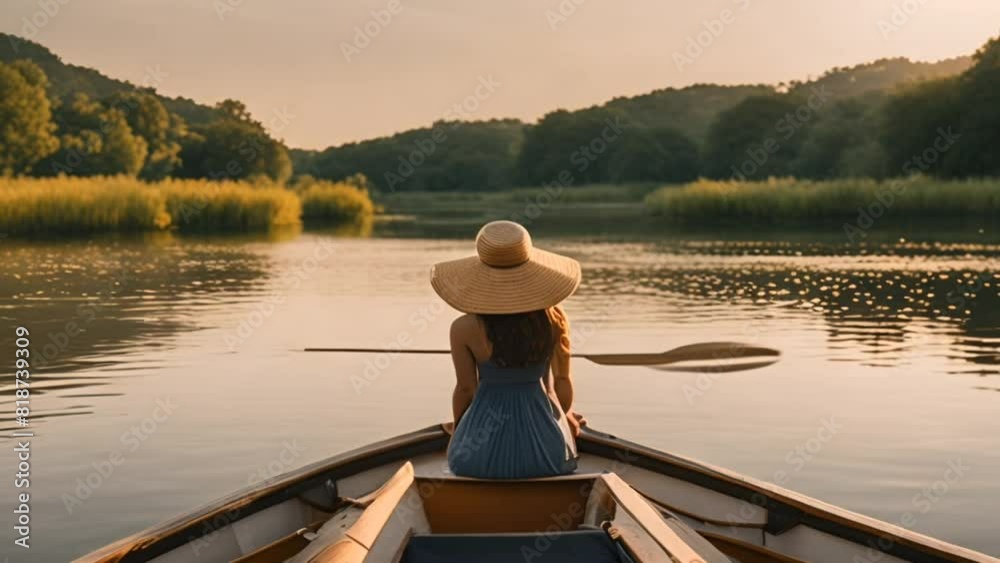 A woman wearing casual boho hats and clothes. Sitting in a boat on the lake with a spectacular mountain and river view. travel concept A woman wearing casual boho hats and clothes. Sitting in a boat on the lake with a spectacular mountain and river view. travel concept