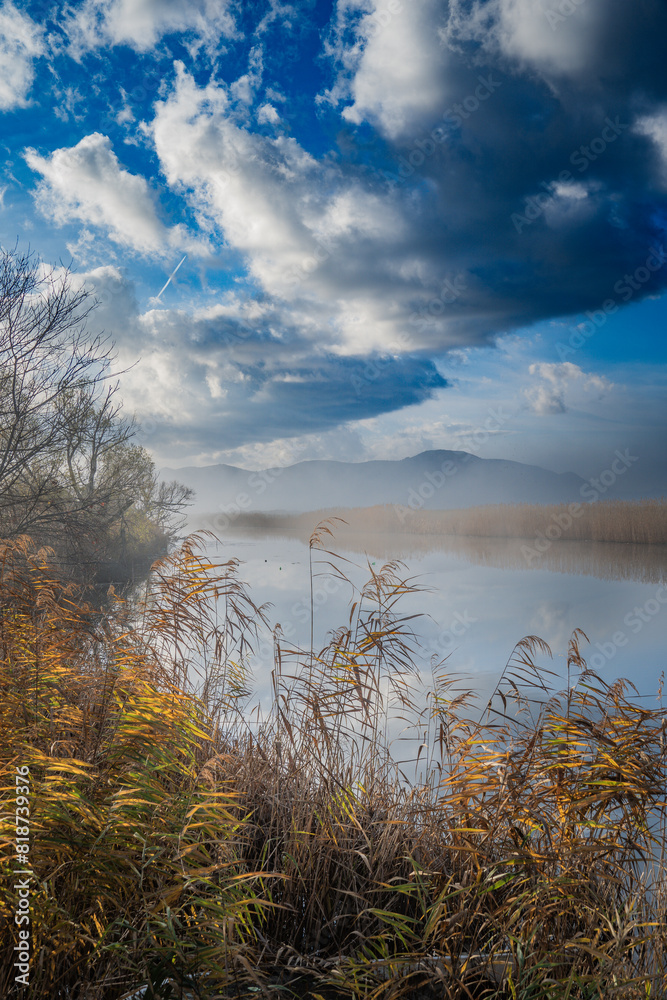 Scenic river landscape adorned with misty fog and captivating clouds Scenic river landscape adorned with misty fog and captivating clouds