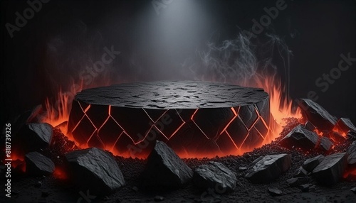 Fire lava podium rock product magma display 3d scene stone floor. Platform lava podium