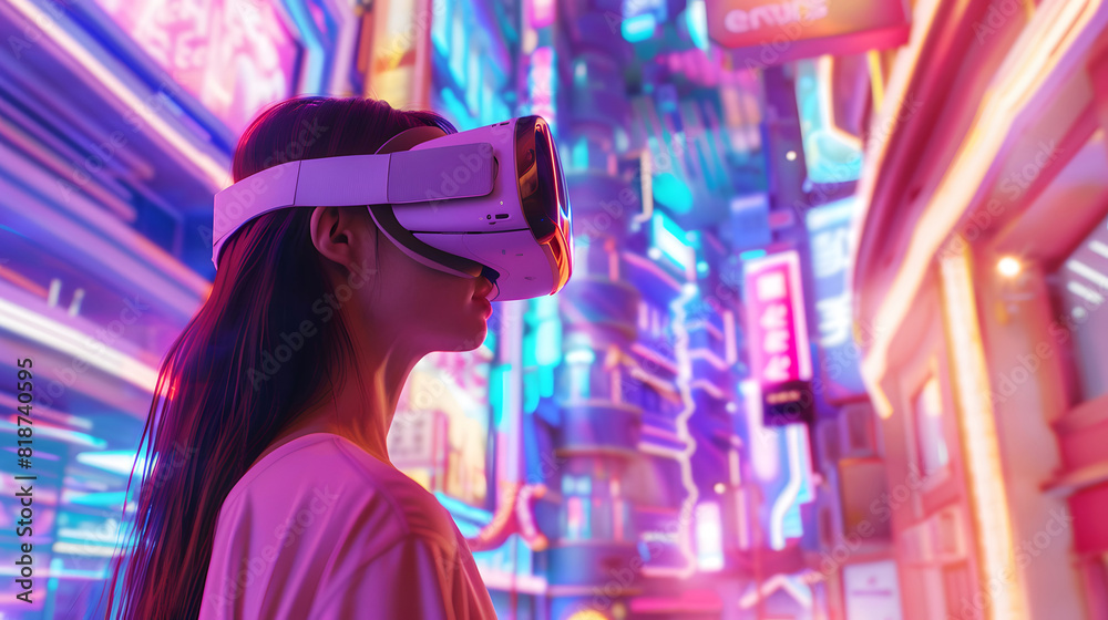 Illustration of a woman using vr headset system surrounded by neon city landscape. Virtual reality and technology concept. Illustration of a woman using vr headset system surrounded by neon city landscape. Virtual reality and technology concept.