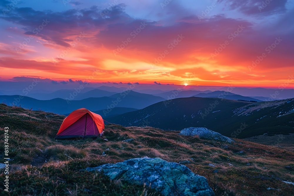 Tourist tent in the mountains under the evening sky, colorful sunset in the mountains, hiking camping concept.