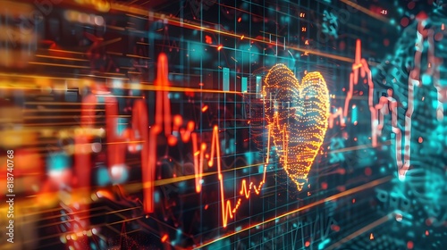 Graphical representation of stock movements mimicking a heartbeat monitor, indicating the dynamic pulse of the market, presented with realistic detail.