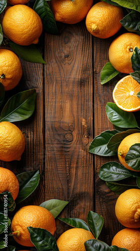 Top view of Lemon cut into thin slices, refreshing and brightly colored, on wooden table,Free space in the center, Free space in the middle for text photo