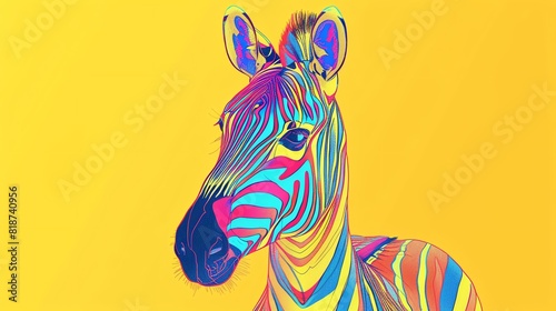 A beautiful illustration of a colorful zebra with vibrant stripes. The zebra is facing the viewer with a calm expression.