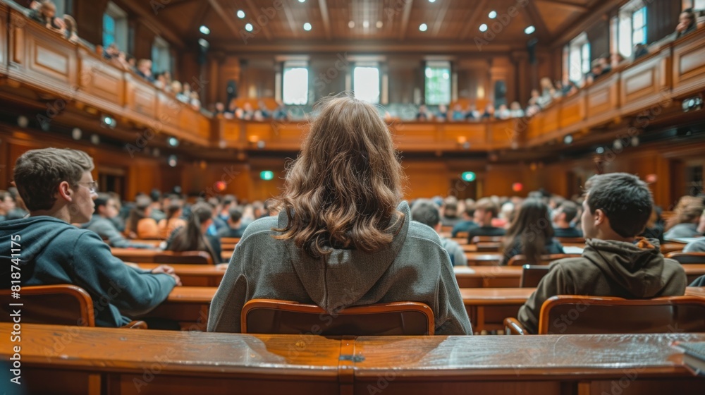 Education podium surrounded by students in a lecture text Education podium surrounded by students in a lecture text