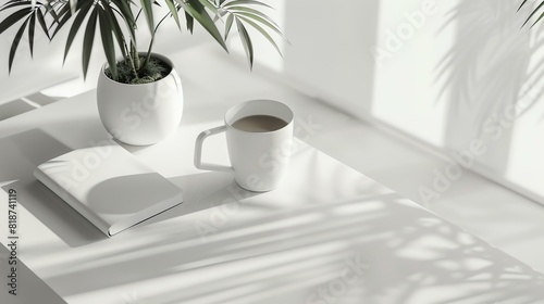 White ceramic coffee cup and a book on a white table. There is a plant with green leaves in the background.