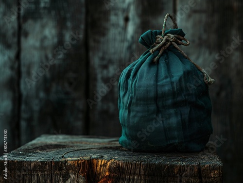 a green bag on a wood surface photo