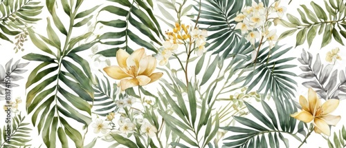 tropical leaves and flowers in a soft watercolor style background