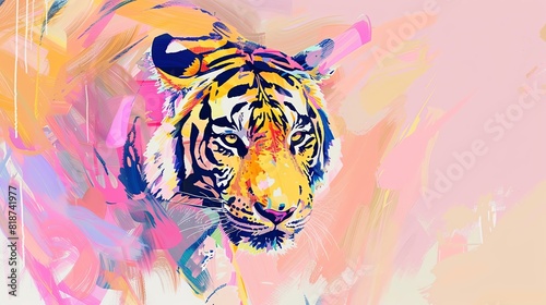 Colorful illustration of a tiger s face. The tiger is looking at the viewer with its mouth closed.