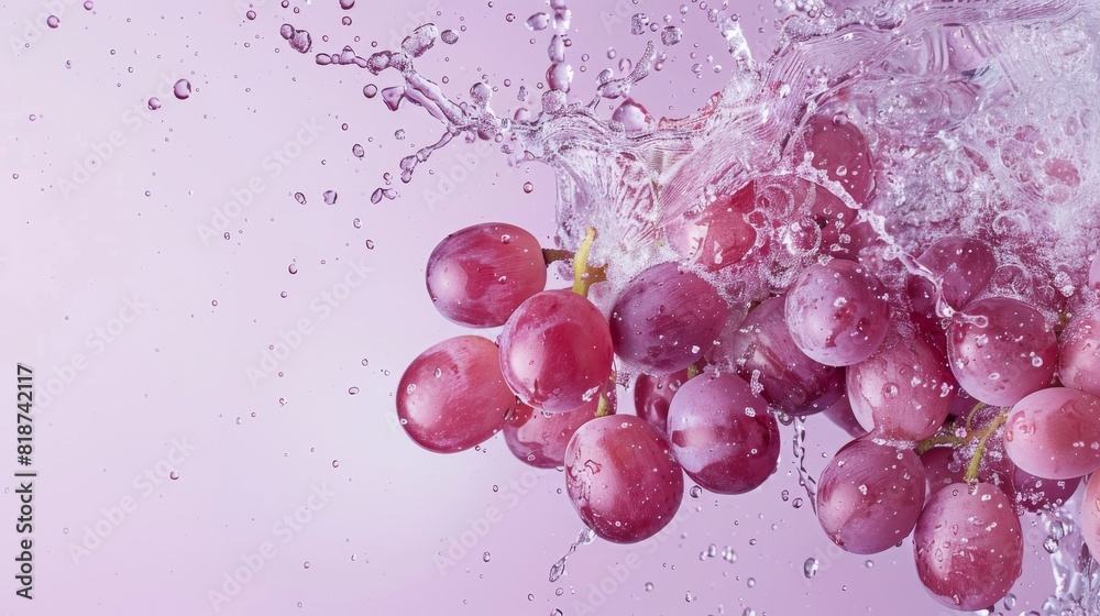 A cluster of fresh grapes being splashed with water droplets on a vivid pink backdrop, capturing motion and freshness A cluster of fresh grapes being splashed with water droplets on a vivid pink backdrop, capturing motion and freshness