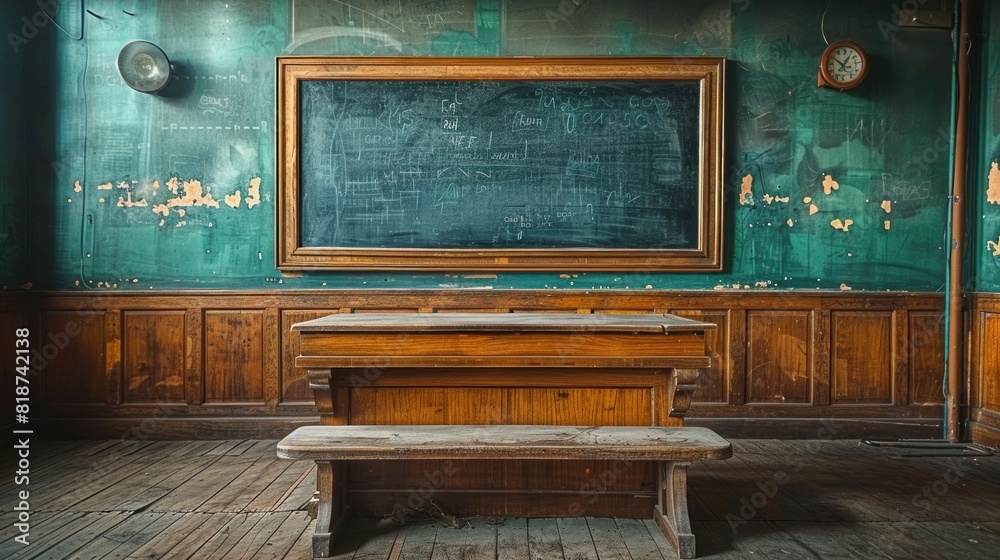 Fototapeta premium Wooden education podium with a chalkboard backdrop in a cozy classroom text
