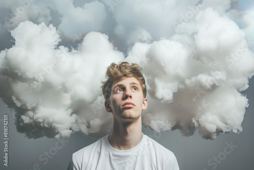 A man with a beard is looking up at a cloud that is covering his head. The cloud is white and fluffy, and it seems to be blocking the sun. The man's expression is one of wonder and amazement