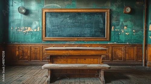 Wooden education podium with a chalkboard backdrop in a cozy classroom text © 2D_Jungle