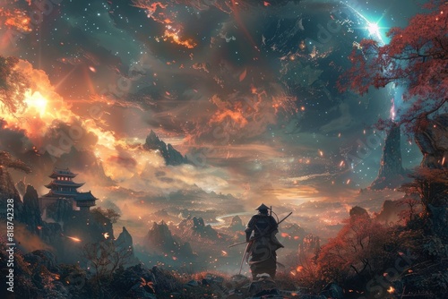 Cosmic Journey of a Japanese Warrior Through a Fantastical Landscape