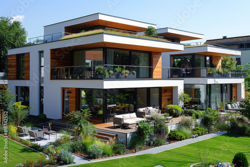 Luxury apartment house with beautiful garden outside. Created with Ai