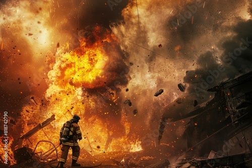 Firefighter Bravely Battles Raging Inferno Amidst Wartime Chaos and Destruction photo