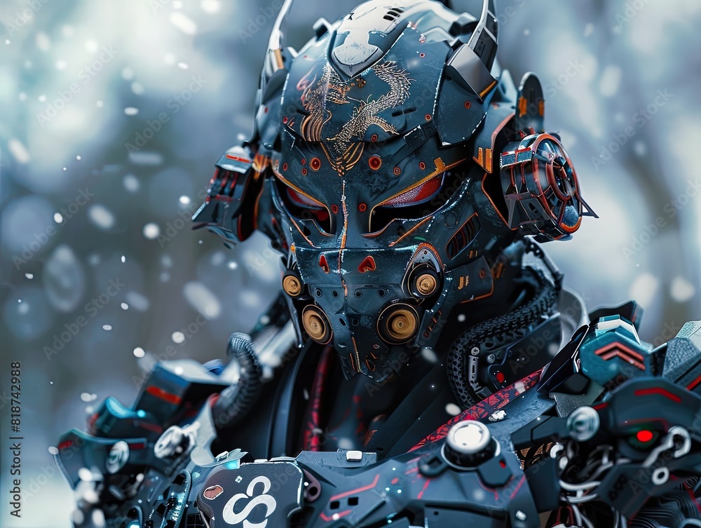 Fototapeta premium Futuristic Robotic Monster Warrior Equipped for Mysterious Battle in Dystopian Landscape