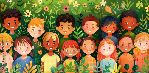 A group of children with different hair and skin colors, smiling happily in front of the camera. The background is green plants and flowers © Kien