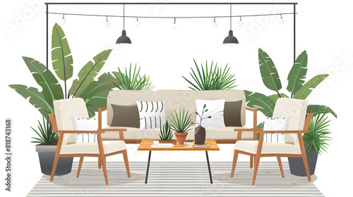Scandinavian-inspired outdoor patio with cozy seating isolated on white background, flat design, png 