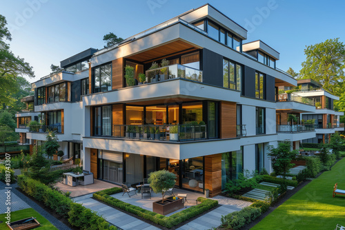 New Age Living with Spacious Balconies and Manicured Gardens, Perfect for Marketing Upscale Properties, Design Inspirations, and Real Estate Investments. Created with Ai