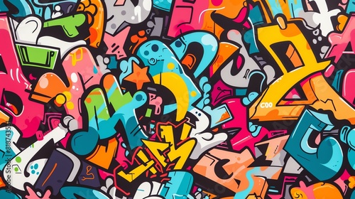 A vibrant and colorful graffiti mural covers a wall with a variety of abstract shapes  letters  and characters.