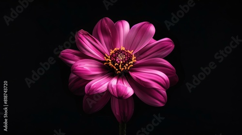 A beautiful flower in full bloom against a black background. The petals are a deep pink color  and the center of the flower is a bright yellow.