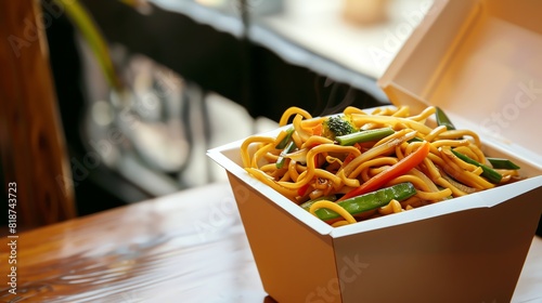 Delicious Asian stir-fried noodles with vegetables in a takeout box, placed on a wooden table with a blurred background. photo