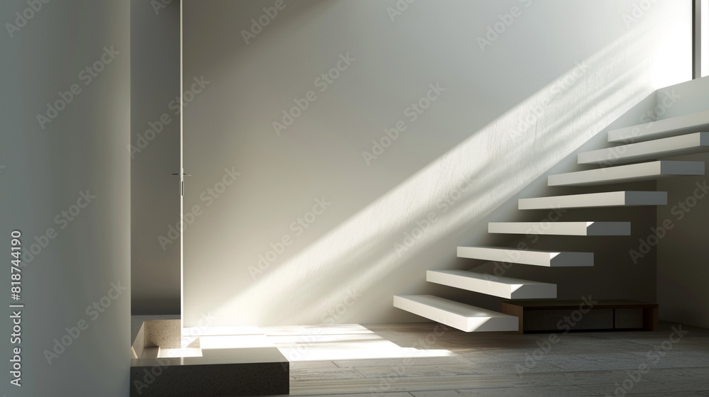 Obraz premium Room corner view of a minimalist staircase, clean lines accentuated by sunlight.