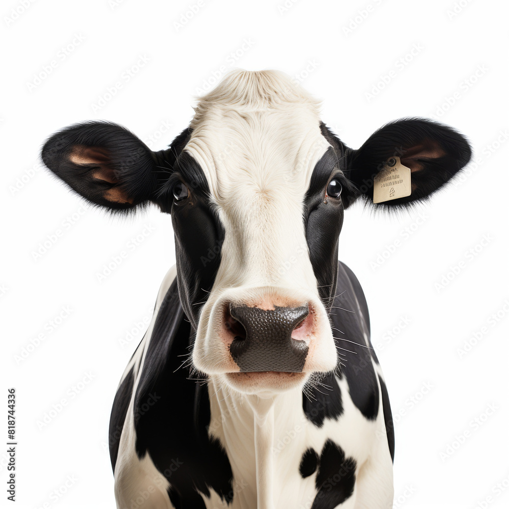 A cow with a tag on its ear is staring at the camera. The cow is black and white, and its eyes are wide open. The cow's expression is curious and alert, as if it is waiting for something or someone
