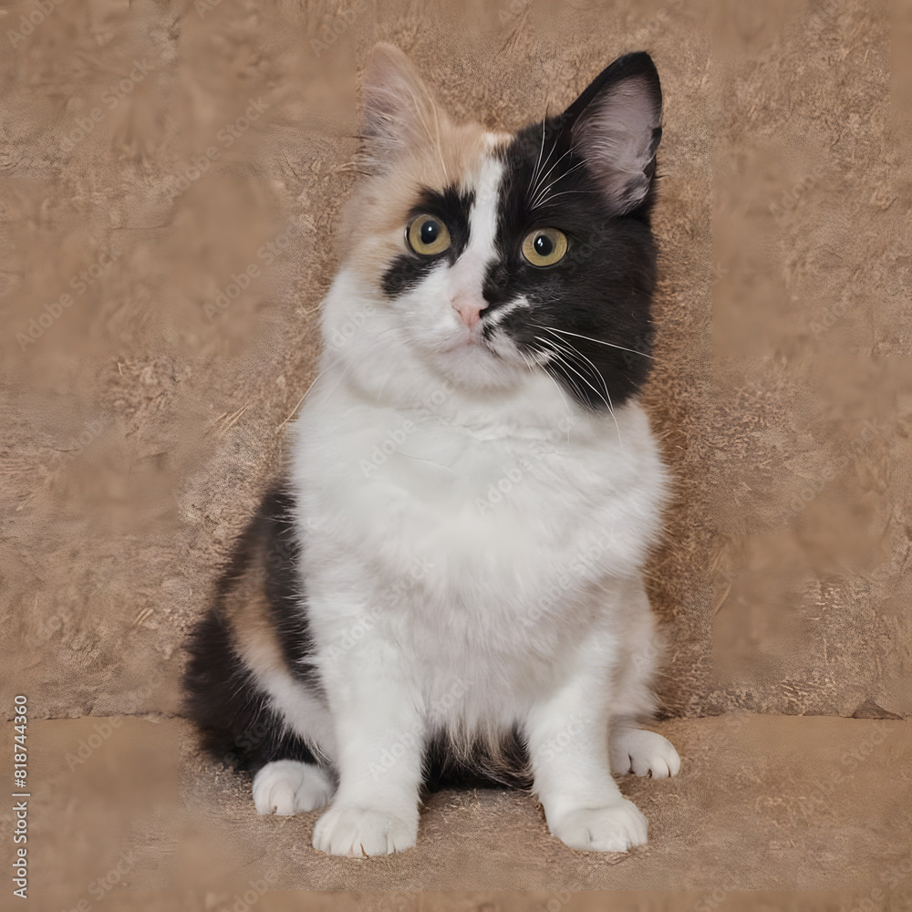 Black and white kitten sitting on a beige background in the studio Black and white kitten sitting on a beige background in the studio