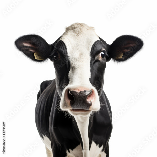 A cow with a tag on its ear is staring at the camera. The cow's eyes are wide open, and it is curious or surprised. The black and white color scheme of the image creates a sense of timelessness