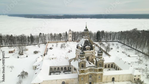 Drone footage of Pazaislis Monastery and the Church of the Visitation in winter in Kaunas, Lithuania photo