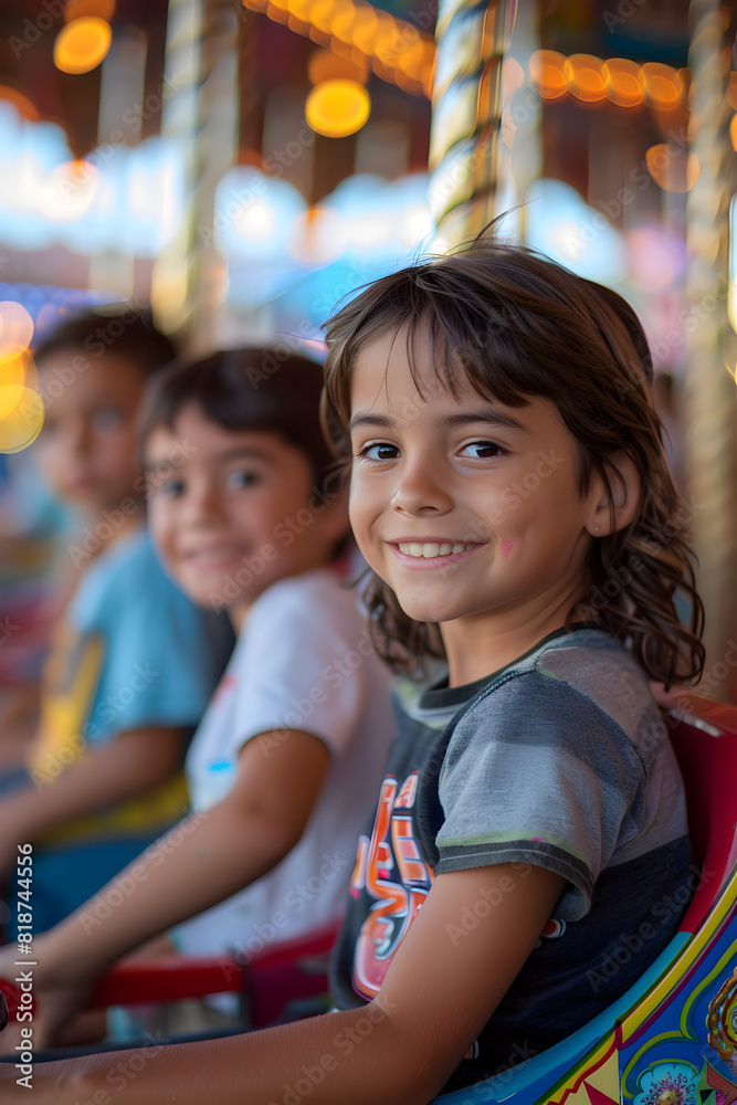 Boys and girls on a fair attraction with all kinds of colorful lights, summer concept vacation concept holidays Boys and girls on a fair attraction with all kinds of colorful lights, summer concept vacation concept holidays